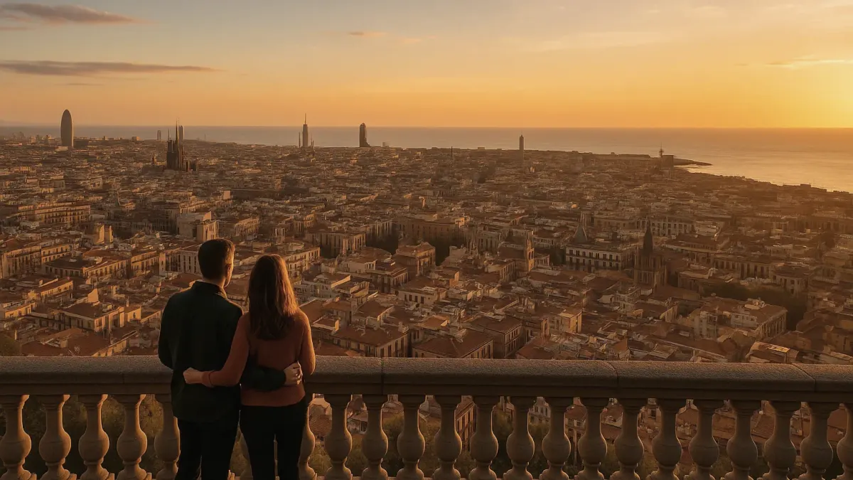 A couple at a stone balustrade looking out over Barcelona at sunset