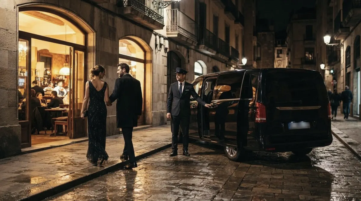 A driver holding the side door of a black van open at night as a couple in evening clothes leaves a restaurant