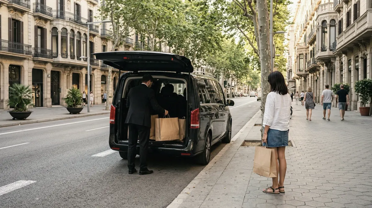 A driver placing shopping bags into the open back of a black van on a tree-lined avenue of ornate stone buildings