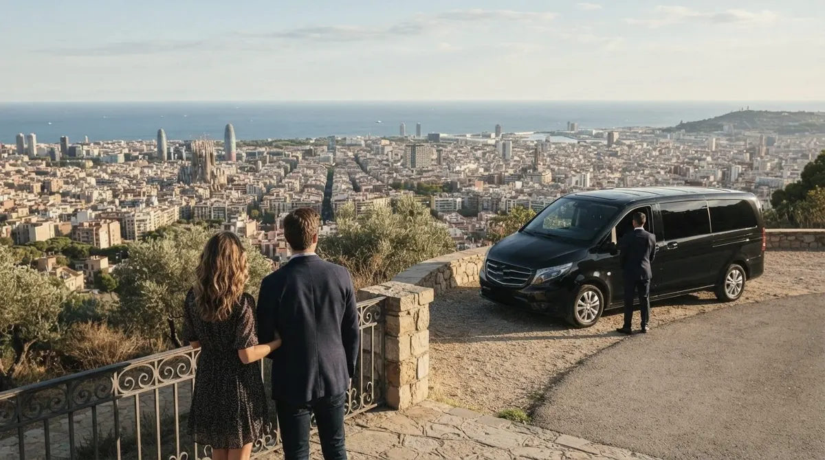A couple at a stone viewpoint railing looking over the roofs of Barcelona toward the sea, a black van parked beside them