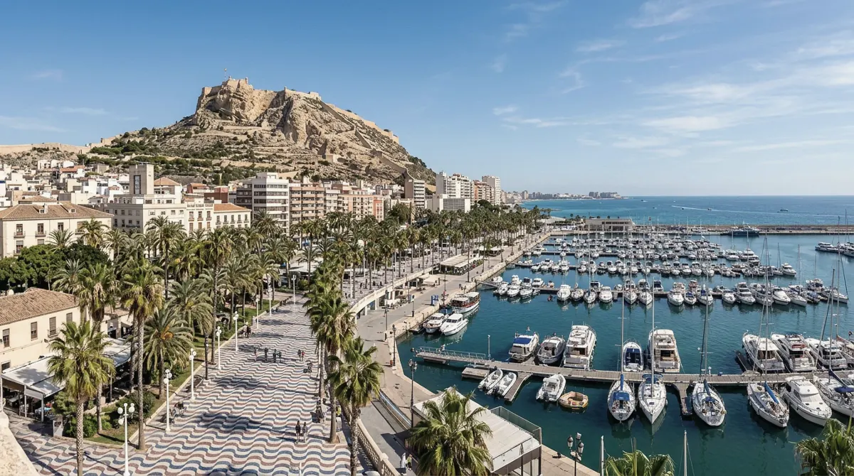 A castle on a rocky hill above Alicante, with a palm-lined promenade and a marina full of boats