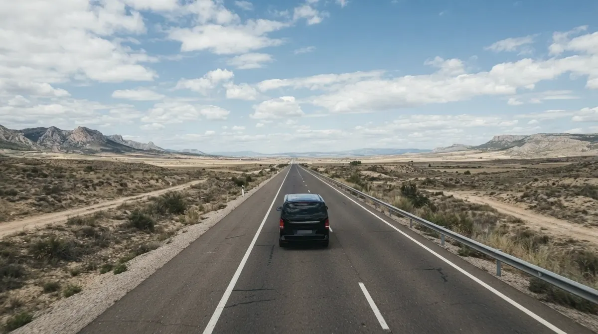 A black van alone on a straight motorway across wide dry plains under a big blue sky with white clouds