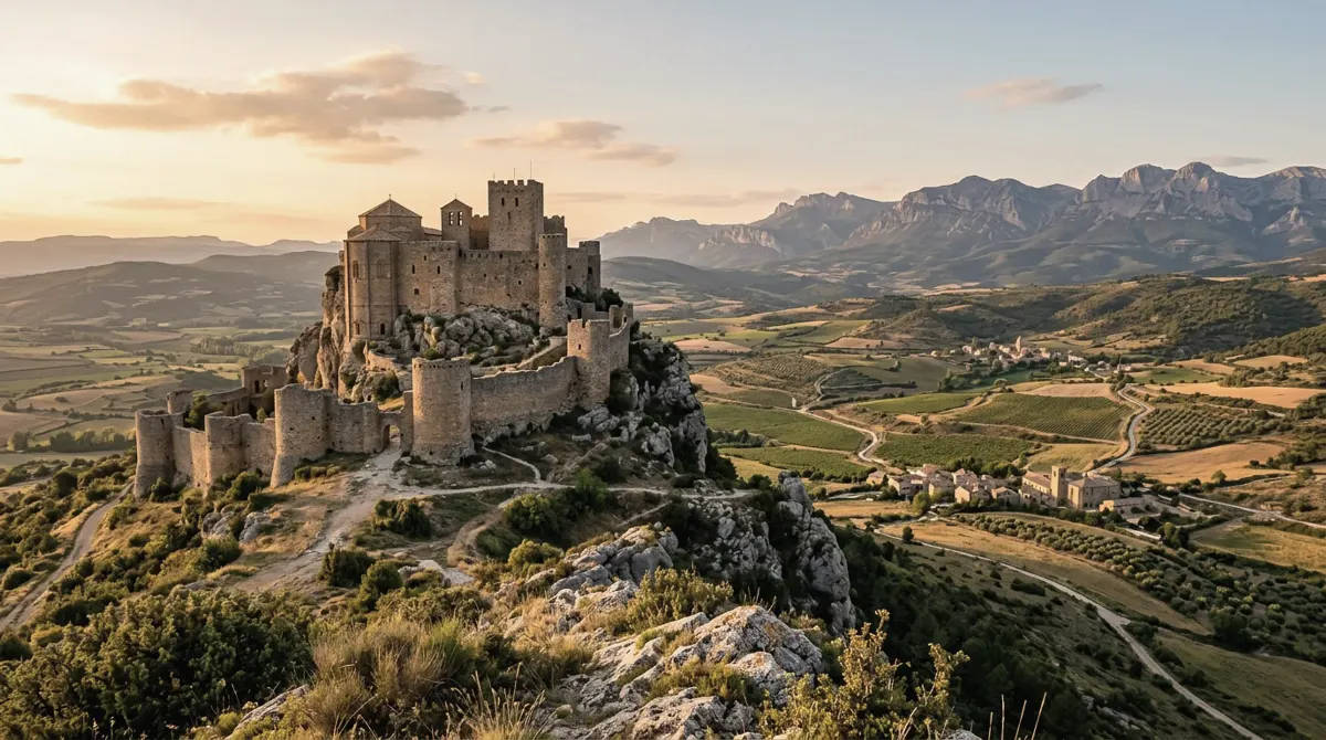 A Romanesque stone castle on a rocky outcrop above rolling fields and villages, with the Pyrenean foothills behind