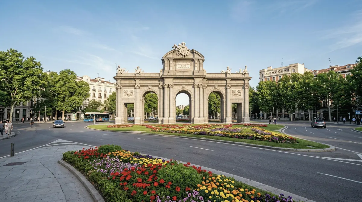 The Puerta de Alcalá gate in Madrid on a sunny morning, surrounded by flower beds and trees in the middle of a roundabout