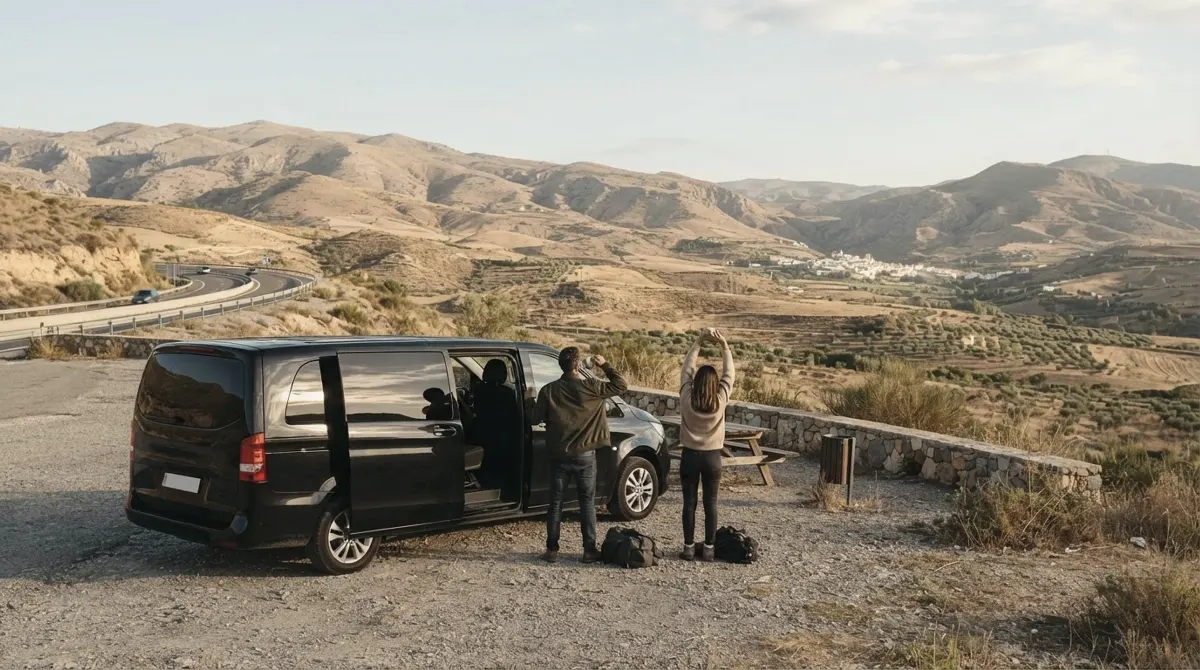 A black van parked at a gravel viewpoint above dry hills and olive groves, two travelers stretching beside it