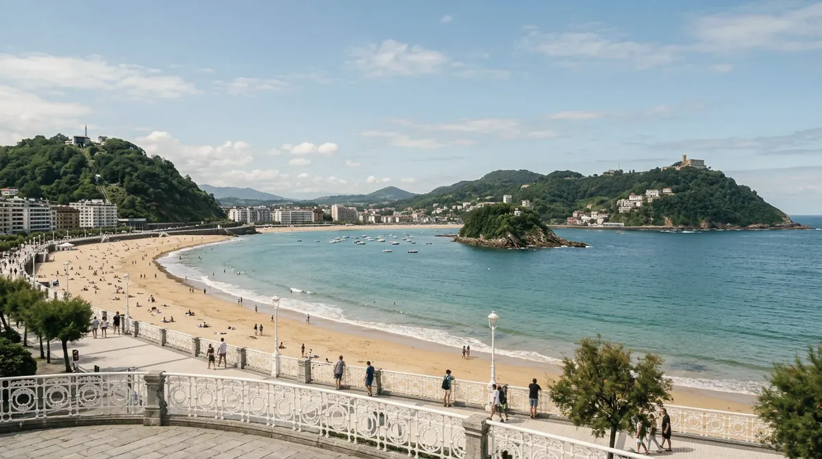 The curved sandy beach of La Concha bay in San Sebastián, with the small island in the bay and green hills around it