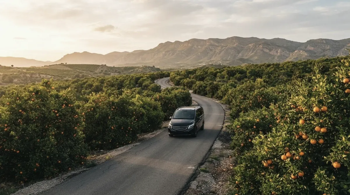 A black van on a narrow country road between orange groves full of ripe fruit, with mountains behind in soft morning light