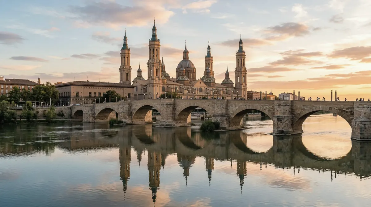 The Basilica of Our Lady of the Pillar in Zaragoza with its towers and tiled domes above an old stone bridge