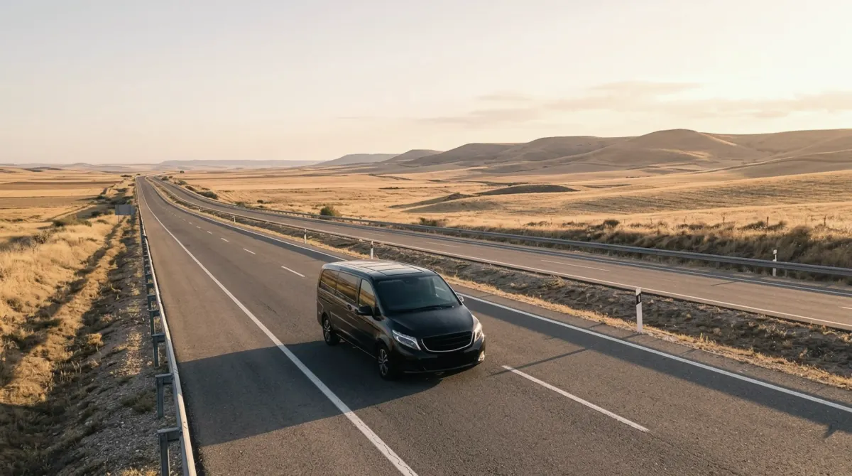 A black van on a long divided motorway through the dry golden plains of central Spain