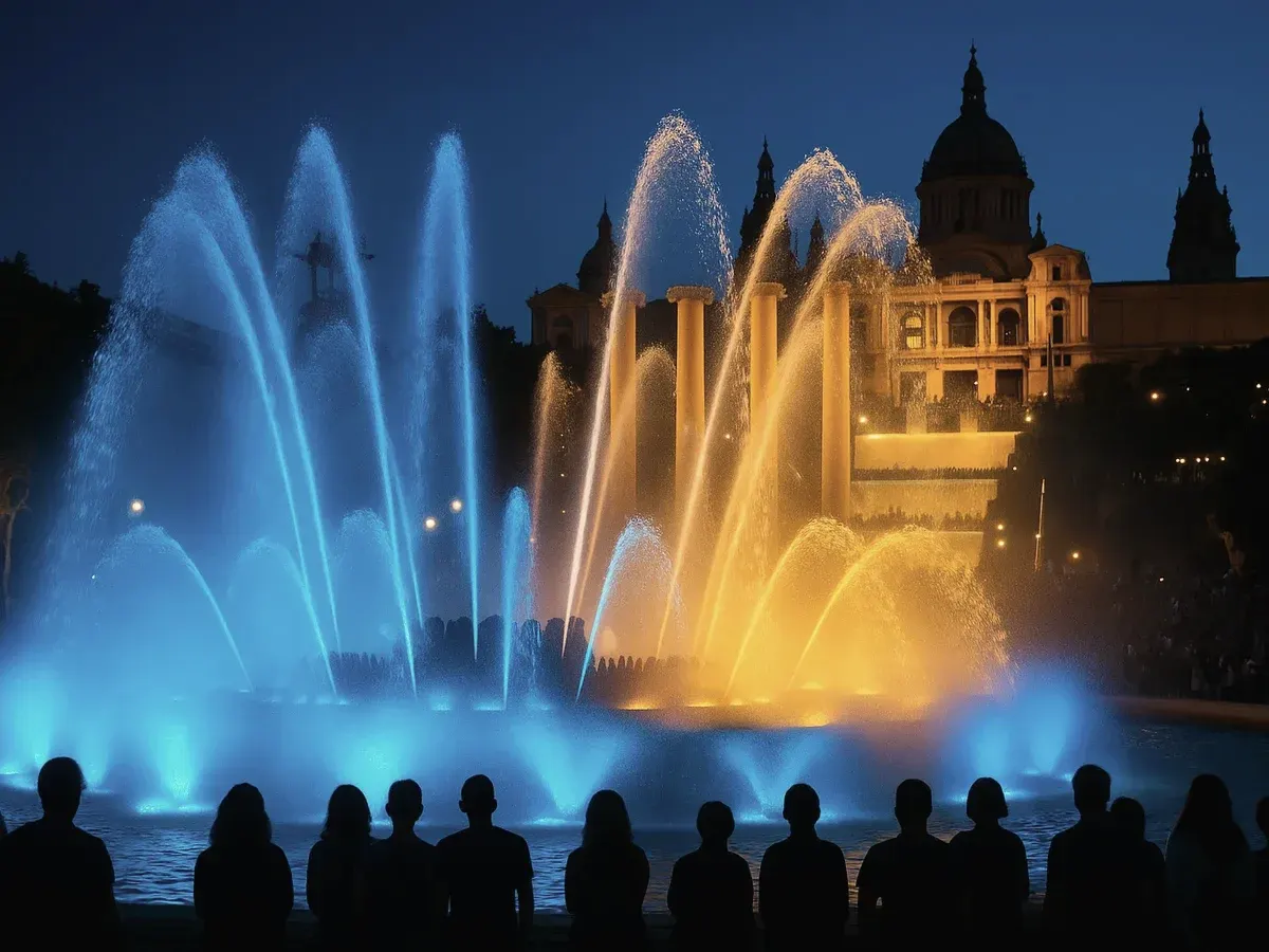 The Magic Fountain of Montjuïc lit at night below the National Palace
