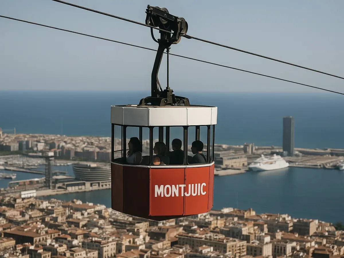 A cable car cabin above the port and the sea with the city below