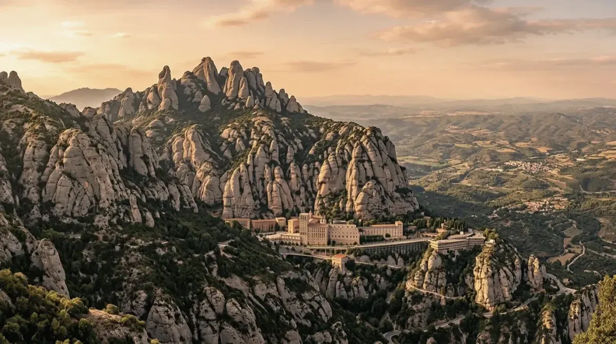 The Montserrat mountains and monastery in warm evening light