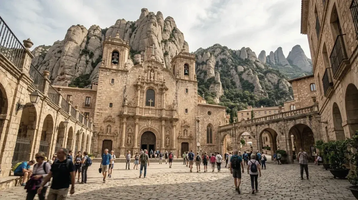 The Montserrat Basilica square with visitors below the rock peaks
