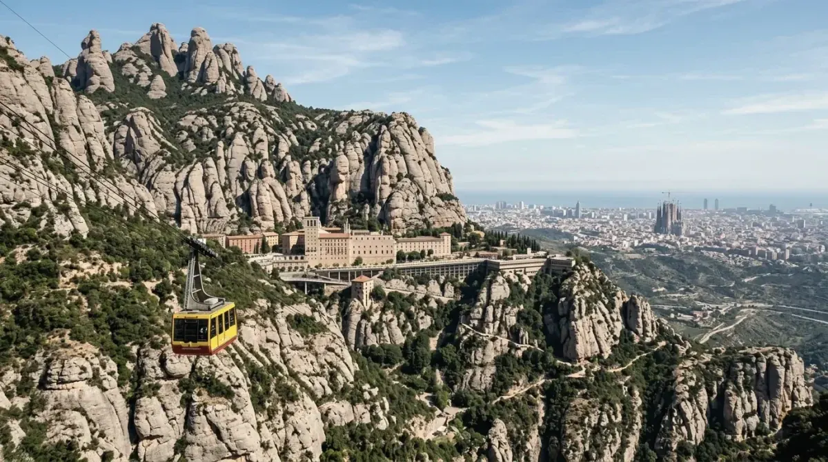 Rock peaks of Montserrat with a mountain railway and a distant view toward the coast