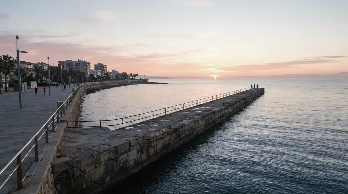 A long concrete pier running out into a calm sea from a seafront promenade at sunrise, with people walking at its far end