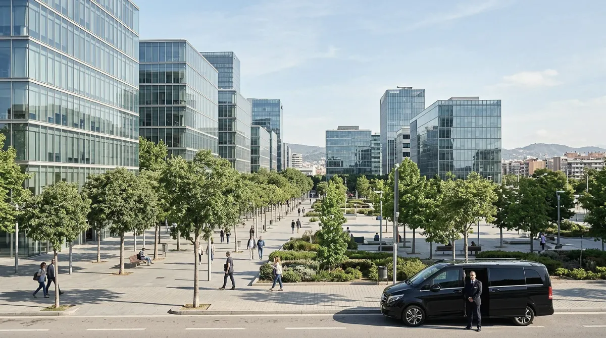 Glass office buildings around a tree-lined plaza in a business district, with a black van and its driver at the curb
