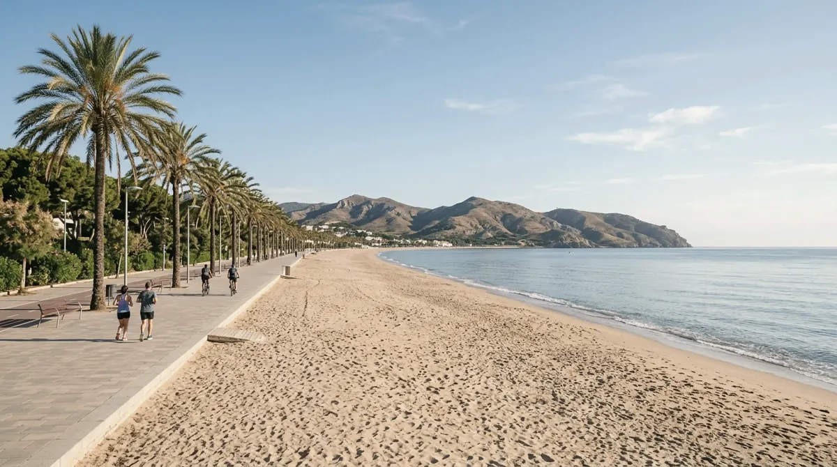 A long sandy beach beside a palm-lined promenade with joggers and cyclists, and green hills at the end of the bay