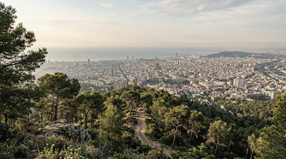 The view from a pine-covered hilltop path over Barcelona and its neighboring towns down to the sea