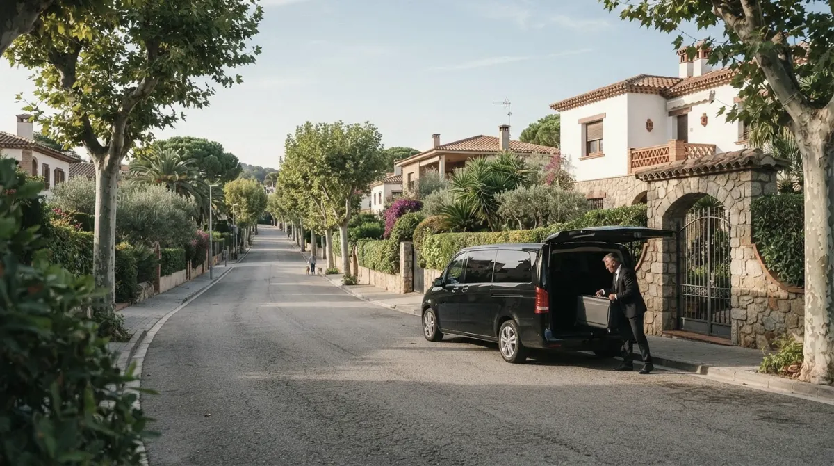 A black van at a stone gate on a quiet residential street, its driver lifting a suitcase into the open back