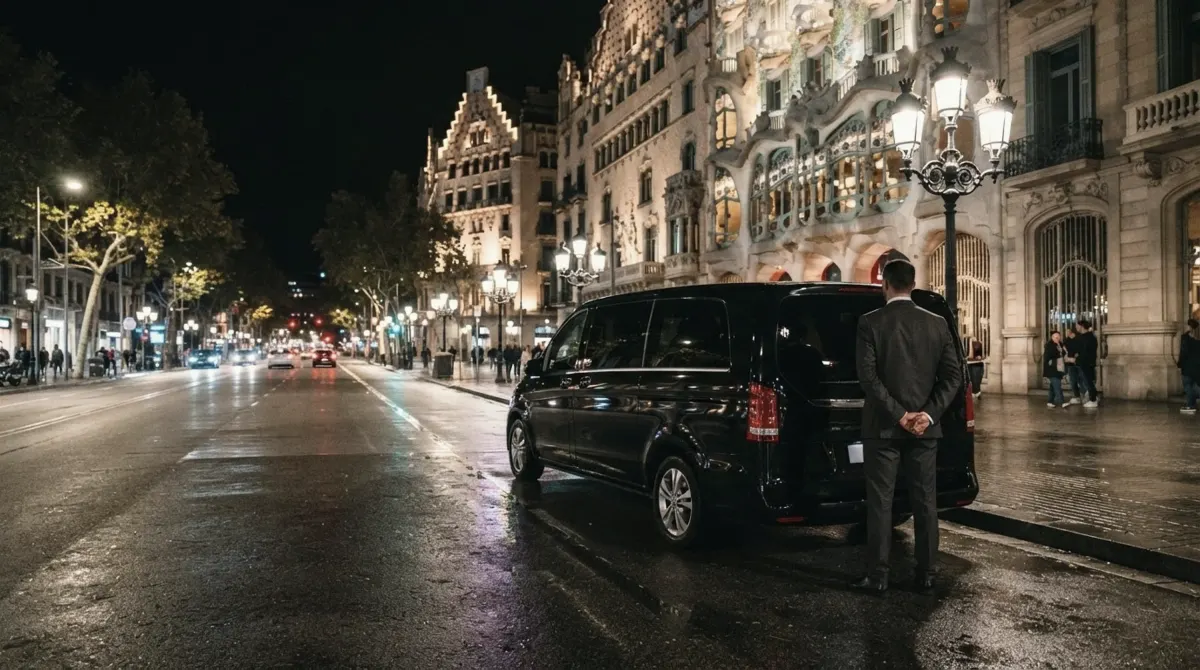 A black van at the curb of Passeig de Gracia in Barcelona at night, with a chauffeur in a dark suit standing behind it