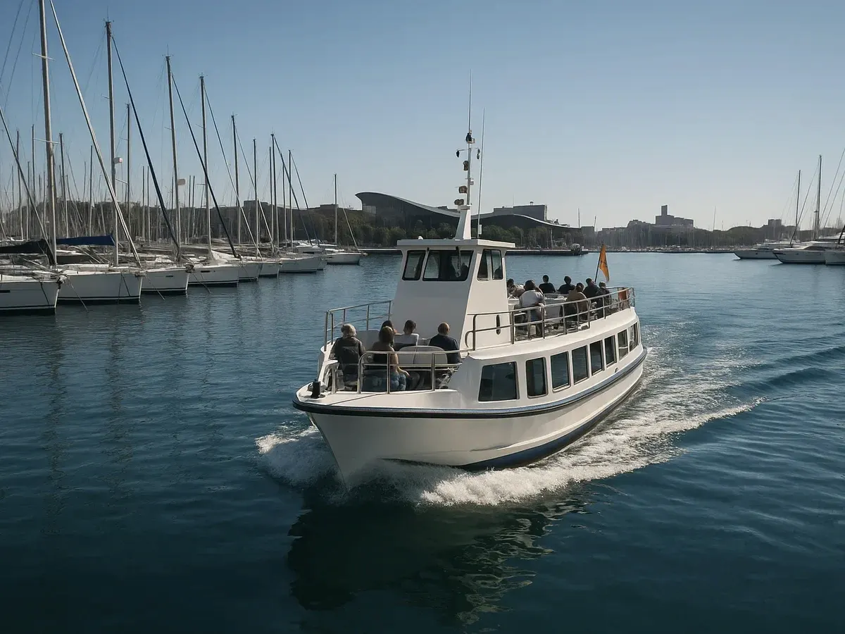 A passenger boat leaving a marina full of sailing yachts on a sunny day