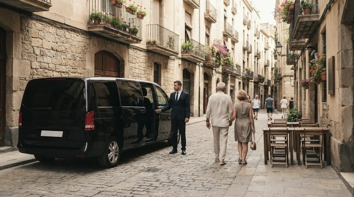 A chauffeur holding the side door of a black van on a cobbled old town street as an older couple walks toward café tables