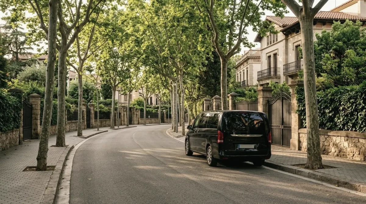 A black van parked on a quiet residential avenue lined with plane trees, stone garden walls and large villas