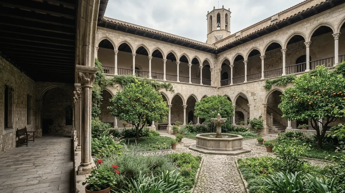 A Gothic monastery cloister with two tiers of stone arcades around a garden of orange trees and a stone fountain