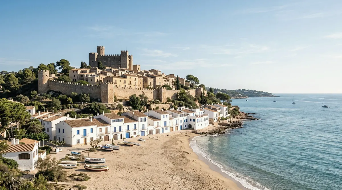 An old village with a castle on a small hill and white fishermen's houses facing the beach