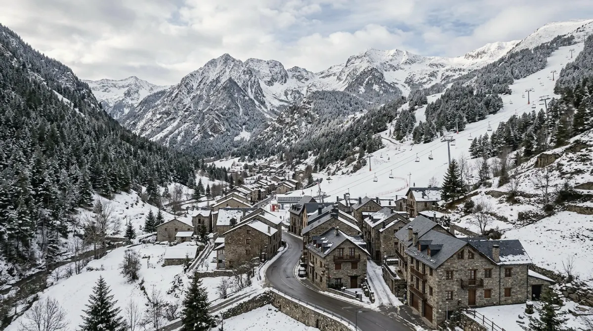 Stone houses with slate roofs in a narrow mountain valley with ski lifts above