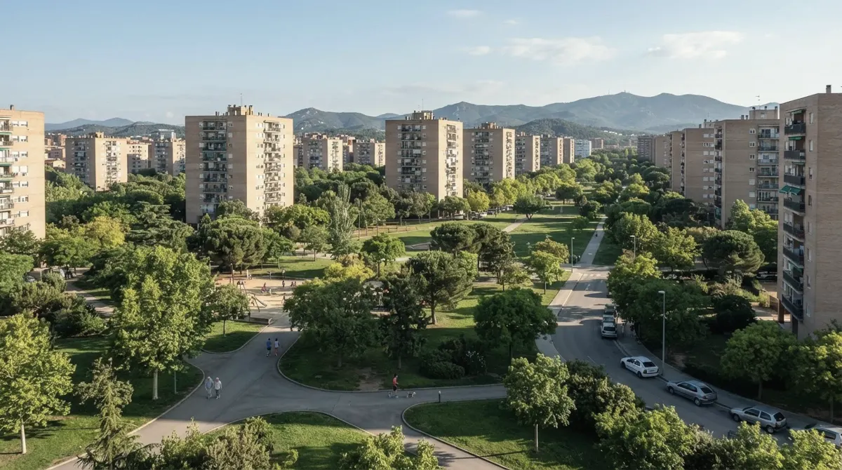 Tall apartment blocks with wide green spaces and trees between them