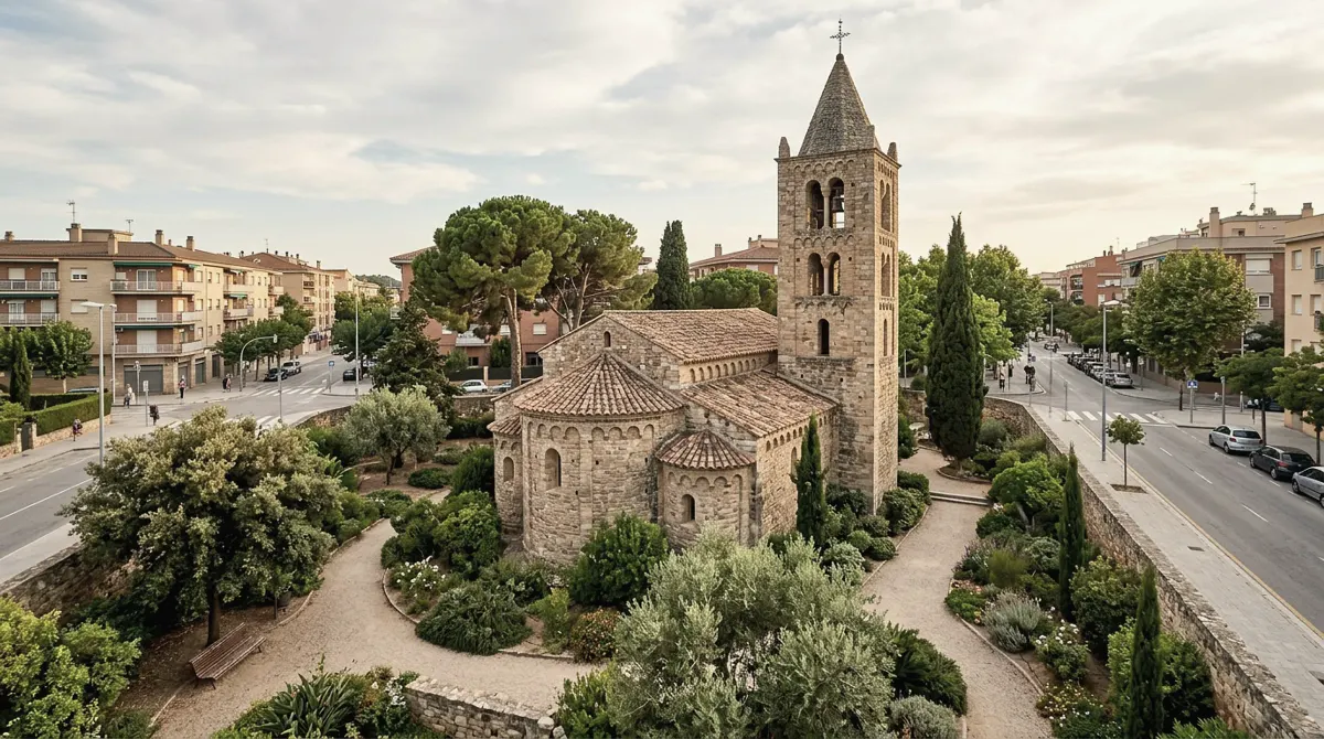 A small Romanesque church with a stone bell tower in a garden among modern streets