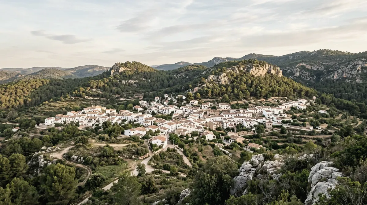 White houses among pine forests and limestone hills on a plateau