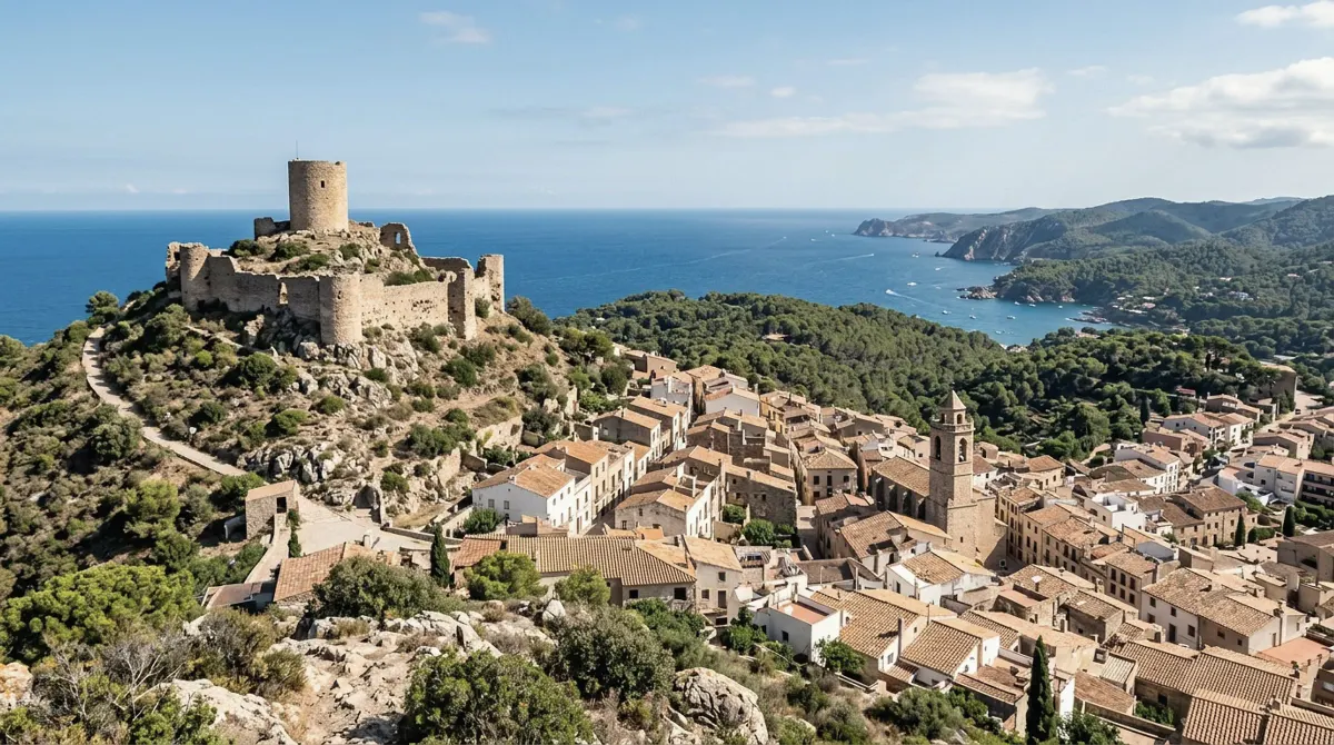 Ruins of Begur castle on a conical hilltop above the terracotta roofs of the old town, with the sea in the distance