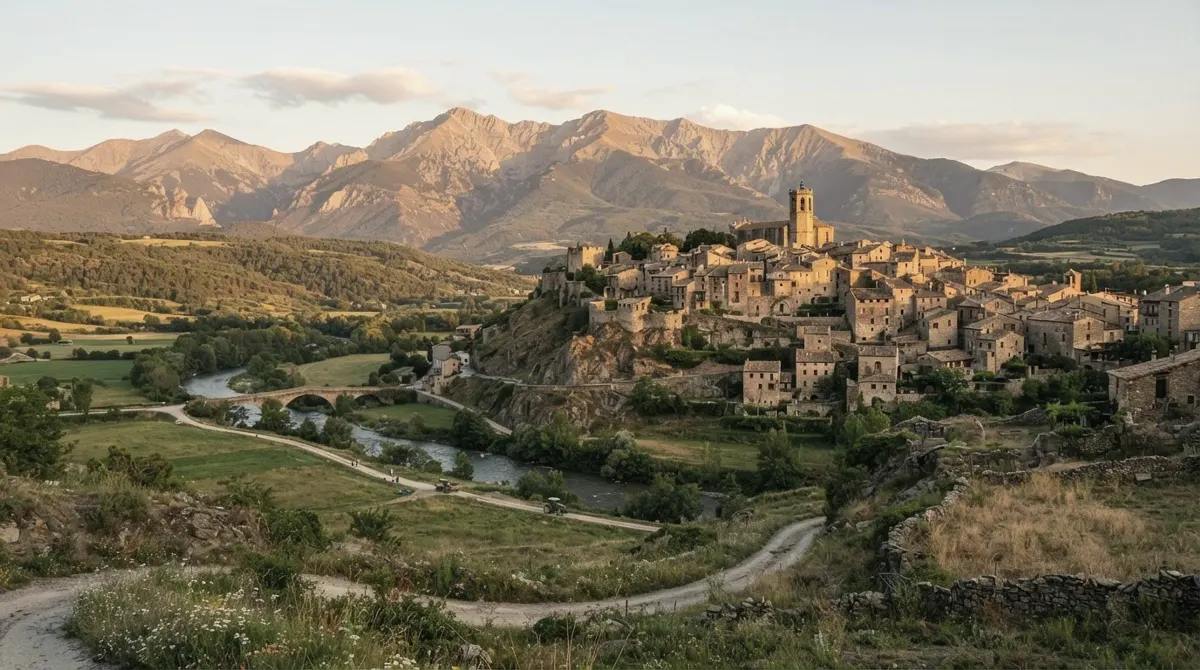 A medieval hilltop village of stone houses above a river with mountains behind