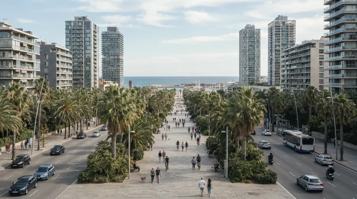 A broad avenue with palm trees and modern apartment towers near the sea