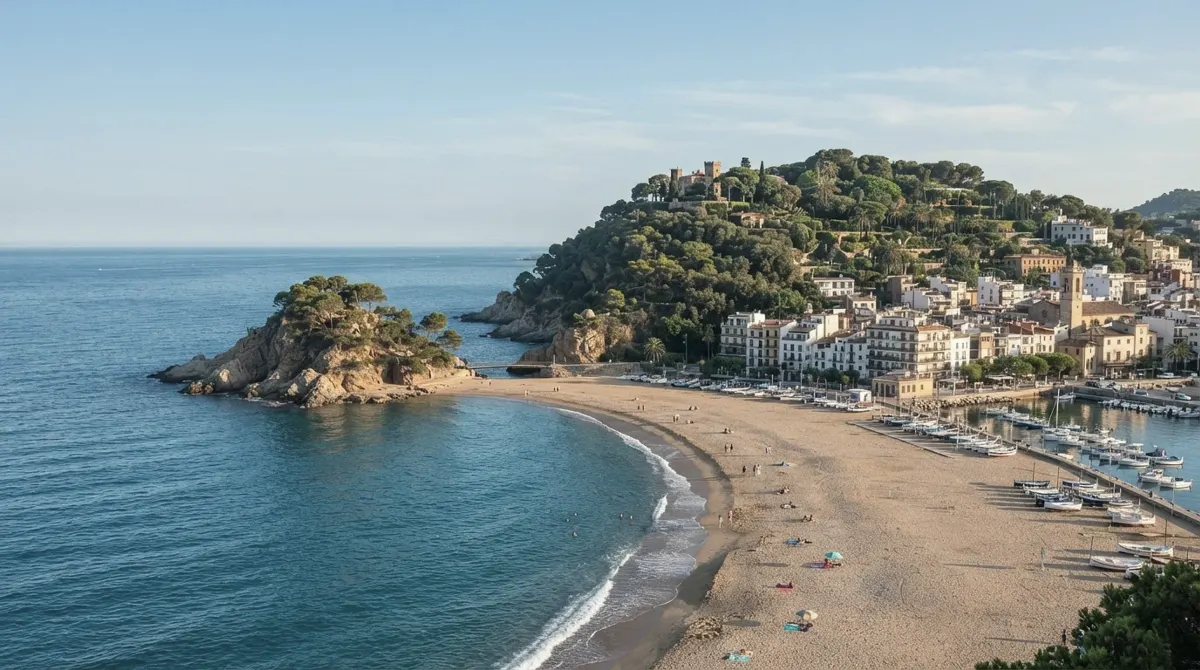 A long beach ending at a rocky outcrop with the town and a wooded hill above the sea