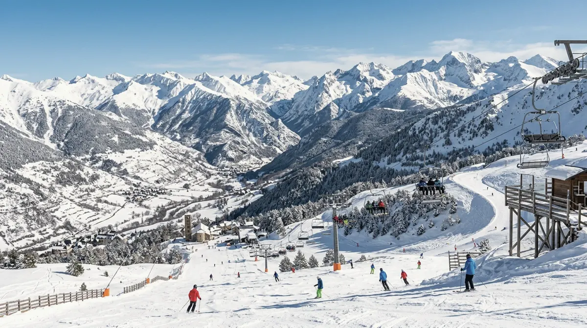 Ski slopes and chairlifts below snowy peaks on a bright winter day
