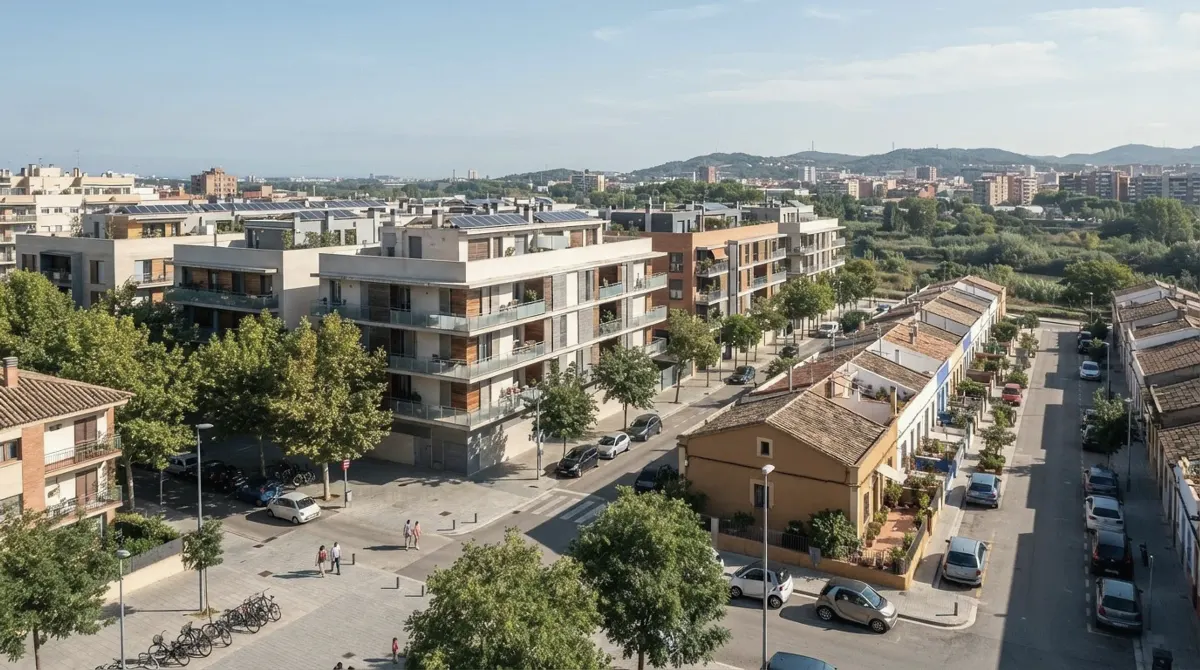 New low apartment buildings beside restored single-storey terraced houses