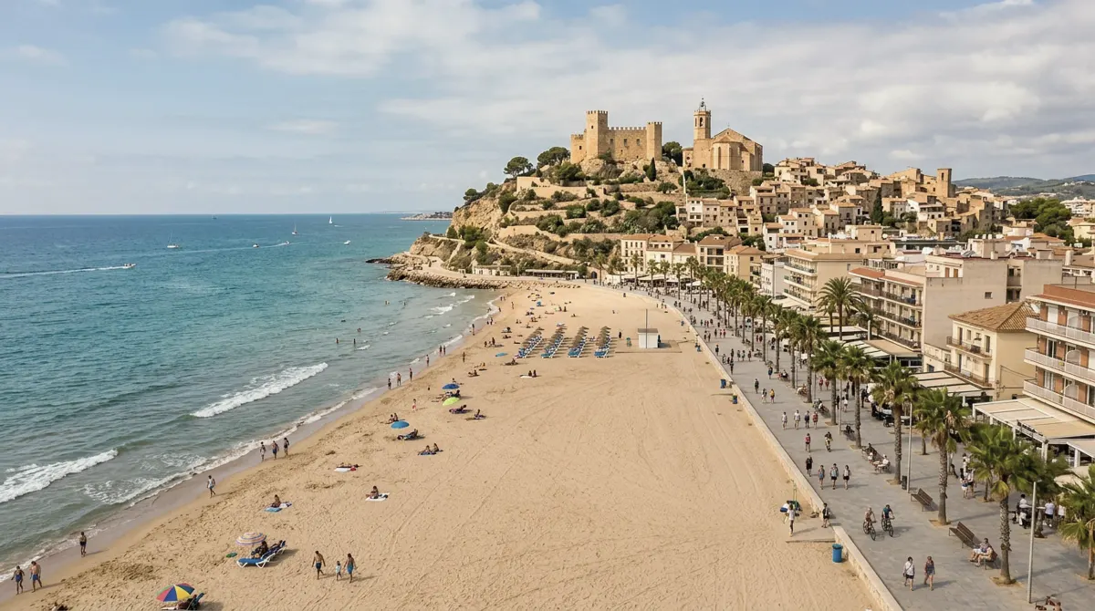 A long sandy beach and promenade with a castle and church on a hill behind