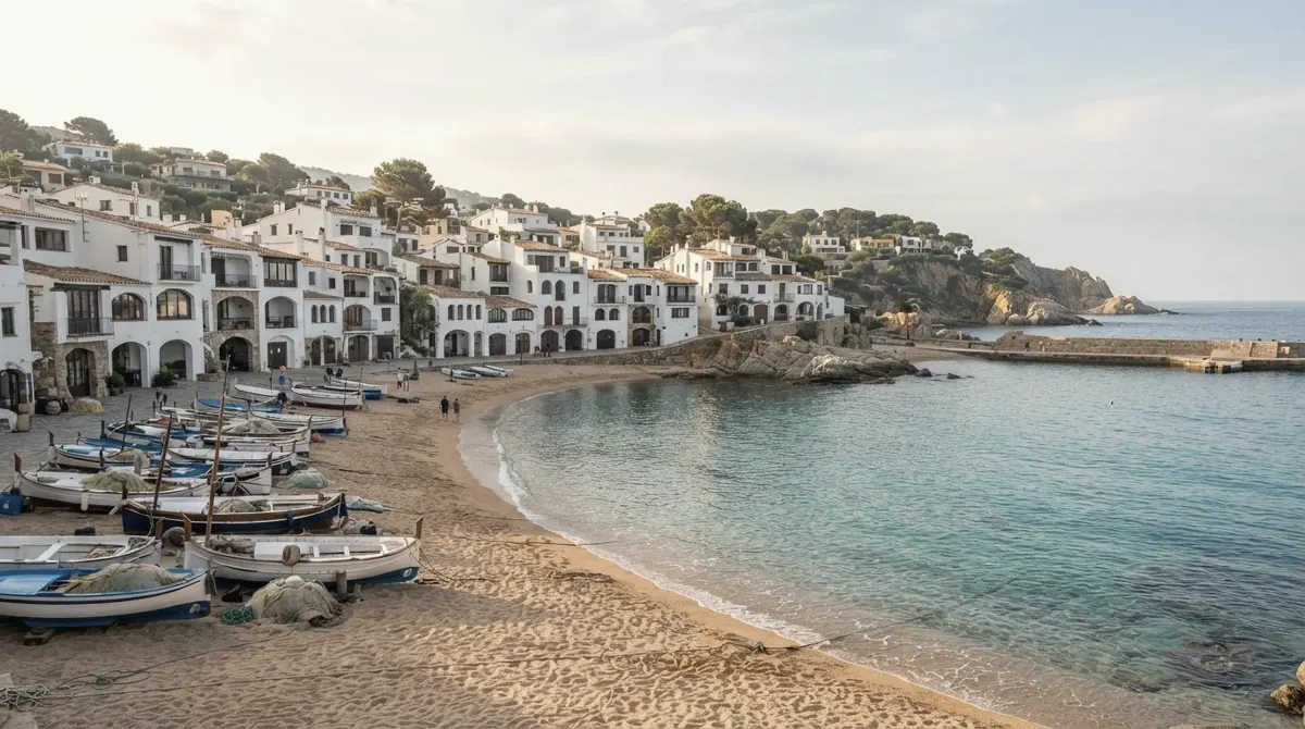 Whitewashed fishermen's houses with arches around a small cove with fishing boats on the sand