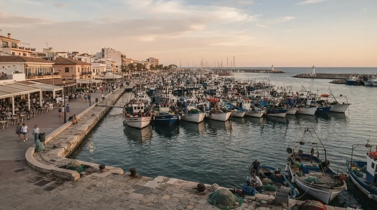 A fishing harbour with moored boats and a seafront promenade at evening