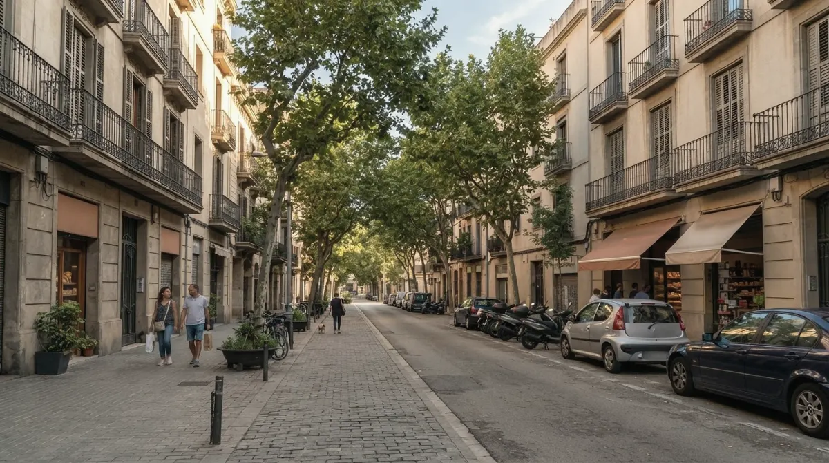A tree-lined street of balconied apartment buildings and small shops with plain awnings