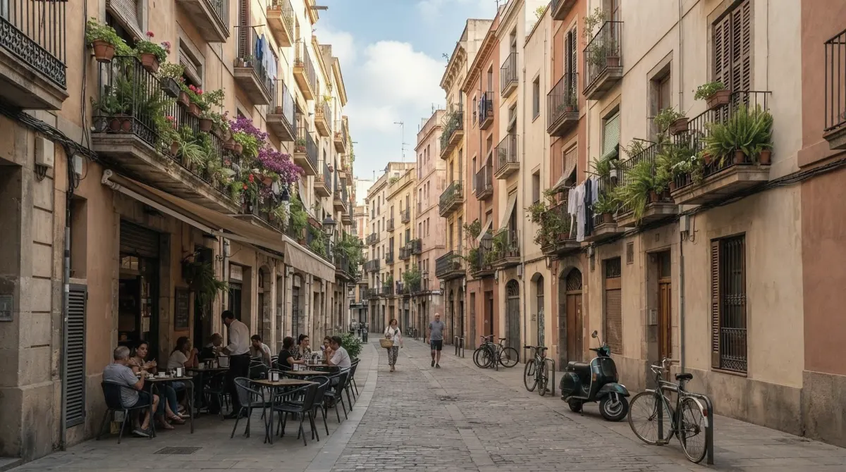A narrow street of low buildings with plants on the balconies and a café terrace