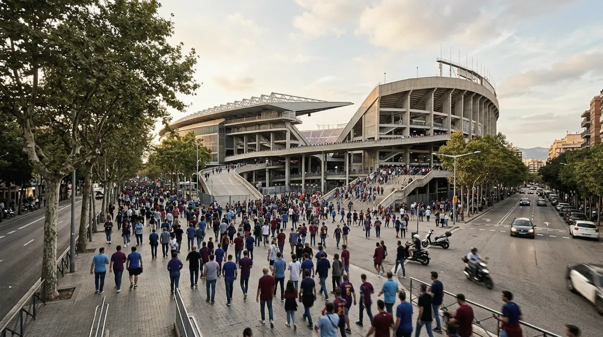 The exterior of a large football stadium with fans walking towards it on match day