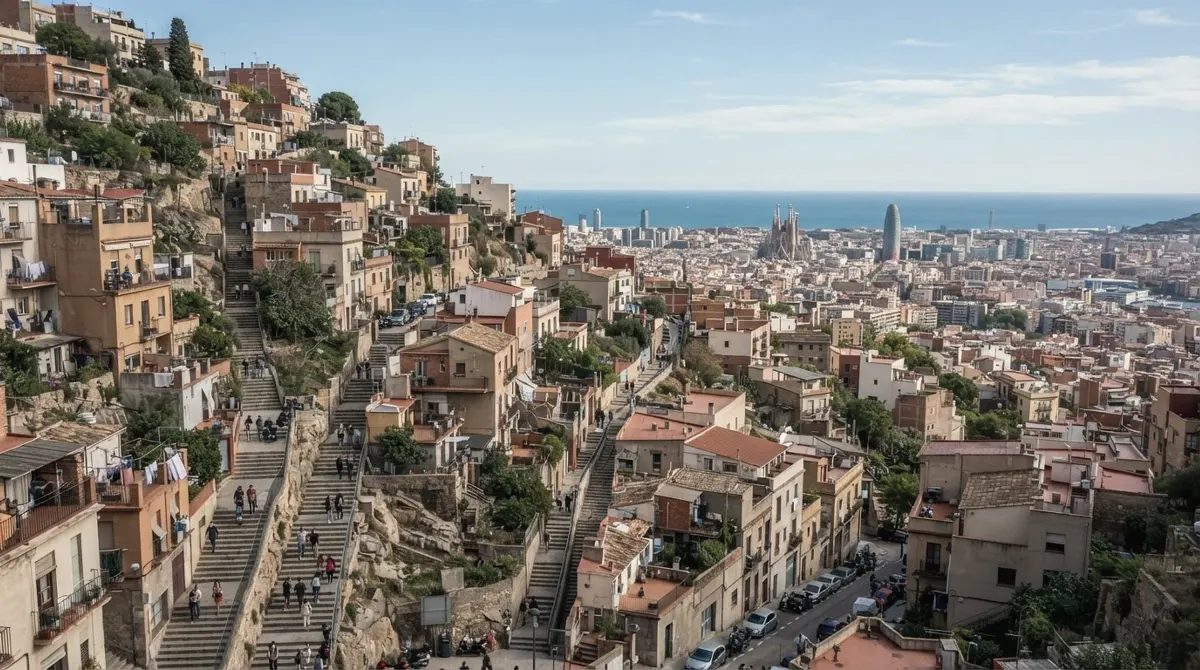 Steep lanes and stairways on a hillside with the city spreading below