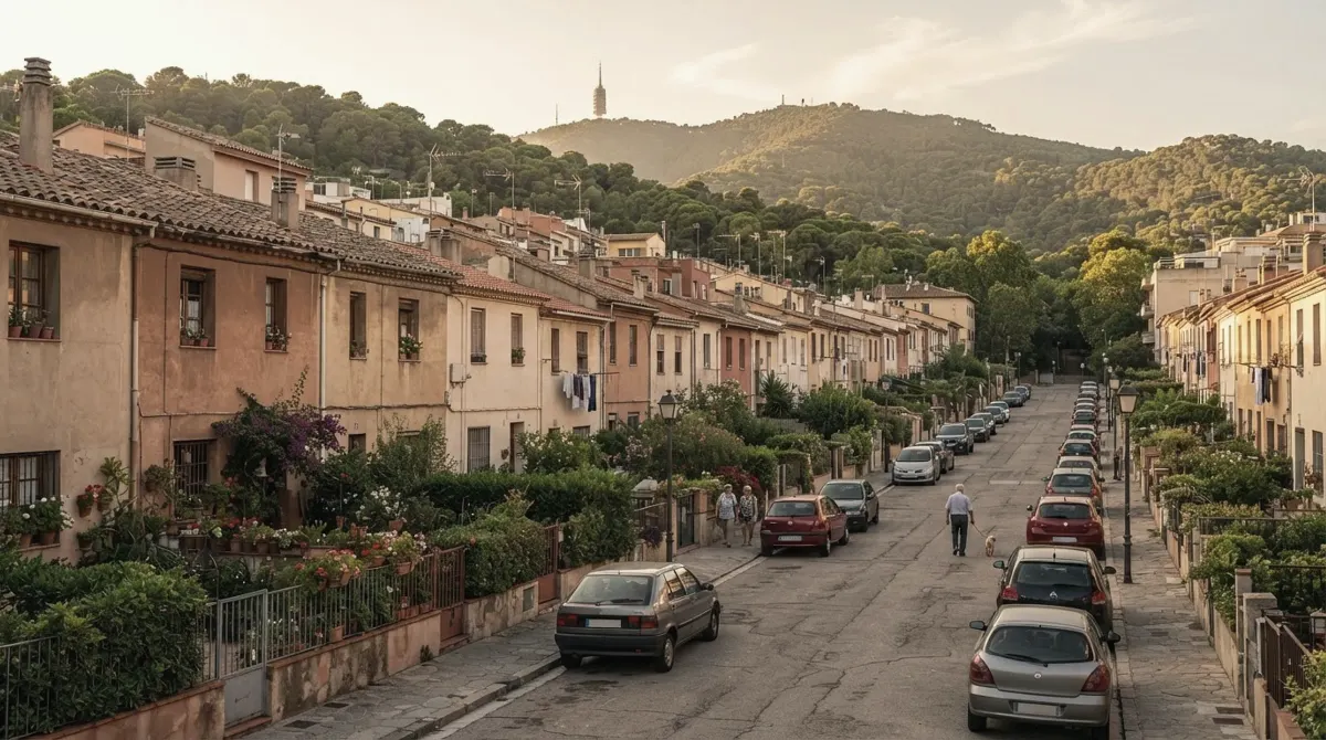 Rows of small single-storey terraced houses with little front gardens below wooded hills