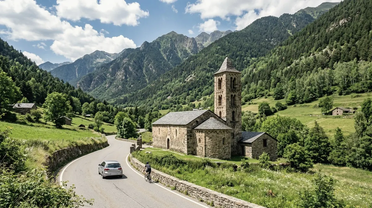 A Romanesque stone church with a bell tower beside a road in a green mountain valley