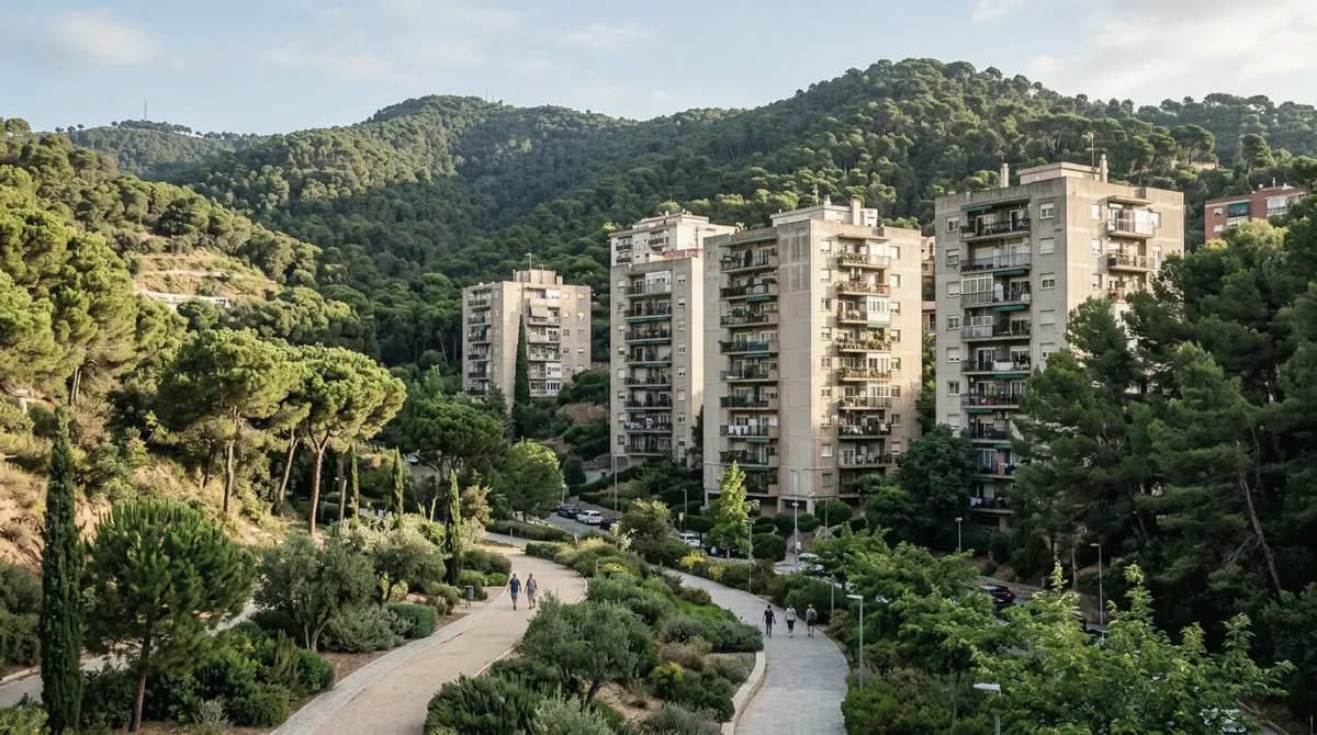 Apartment blocks among pine trees and green slopes at the foot of the hills