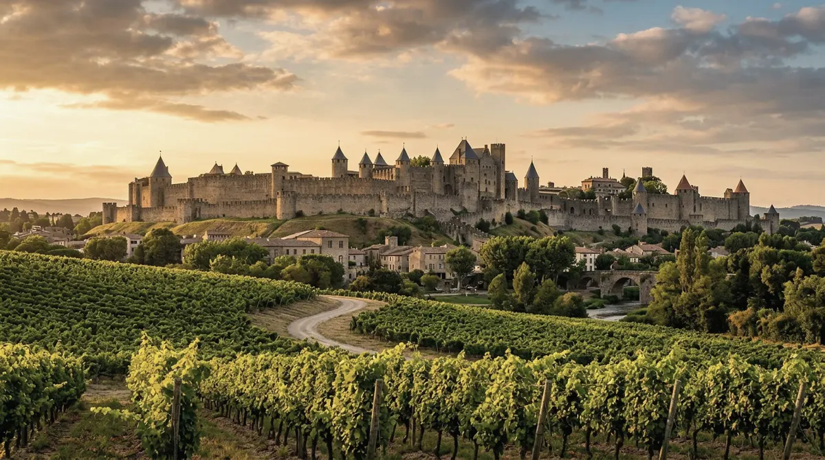A medieval walled city with ramparts and pointed towers on a hill above vineyards